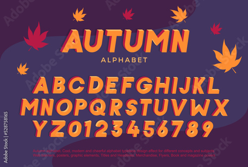 Autumn alphabet typeface. Vector retro font. Modern typography brown, red and orange. 3d block shape with color. Seasonal autumn retro and modern subjects