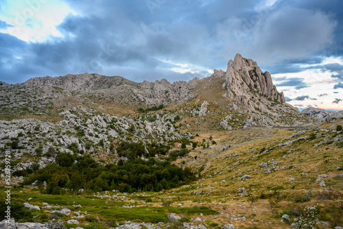 Colorful sky from the setting sun over Tulovegrede in the Croatian Velebit mountains.