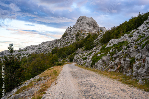 Colorful sky from the setting sun over Tulovegrede in the Croatian Velebit mountains.