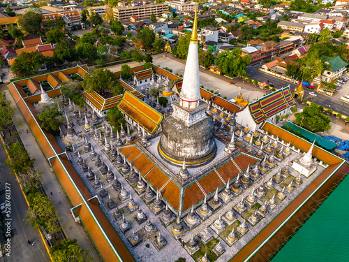 Aerial view of Wat Phra Mahathat Woramahawihan temple in Nakhon Si Thammarat, Thailand photo