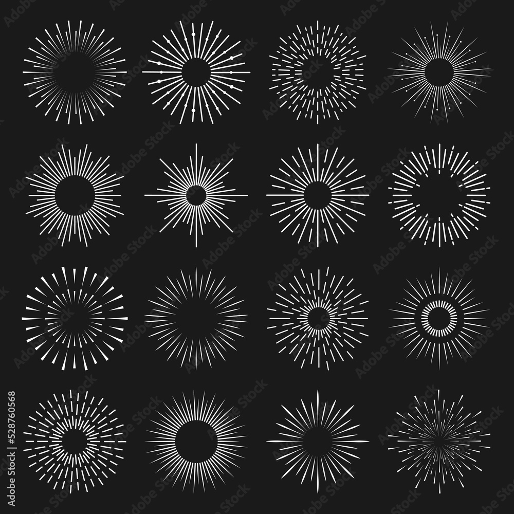 Vector set of round white rays on black background for web design and internet.