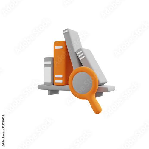 Magnifying glass find books, library, book retrieval, online lookup, search for books, education learning class 3D rendering icon.