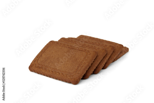 Square chocolate shortbread cookies on white background.