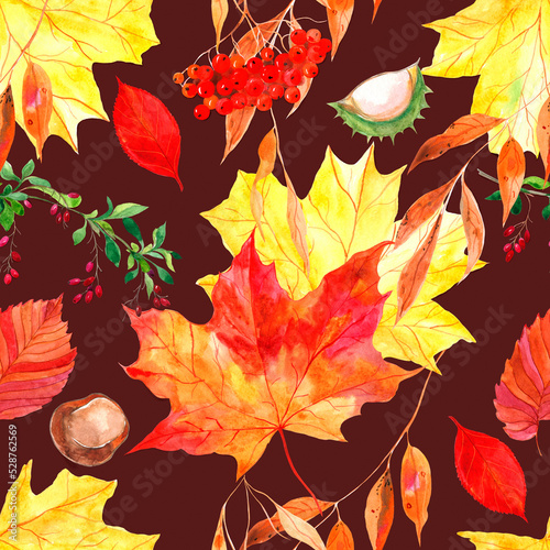 Autumn seamless pattern. Maple leaves, rowan and barberry berries, chestnut fruits on a dark background. It can be used in the creation of fabrics and packaging. Watercolour.