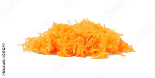 Pile of fresh grated carrot on white background