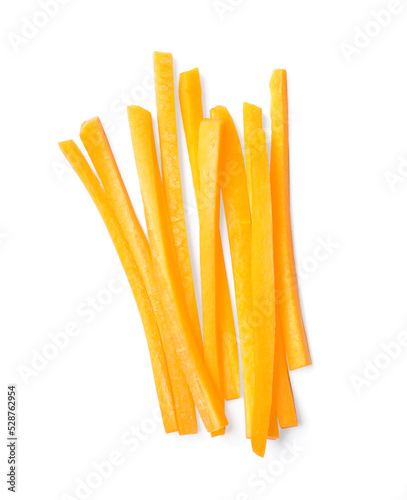 Tela Pile of delicious carrot sticks isolated on white, top view