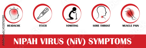 Nipah virus symptoms, icon of headache, fever, vomiting, sore throat and muscle pain