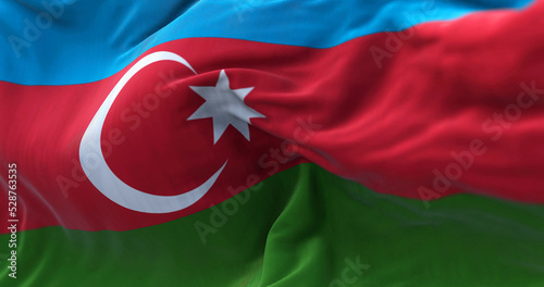 Close-up view of the azerbaijani national flag waving in the wind photo
