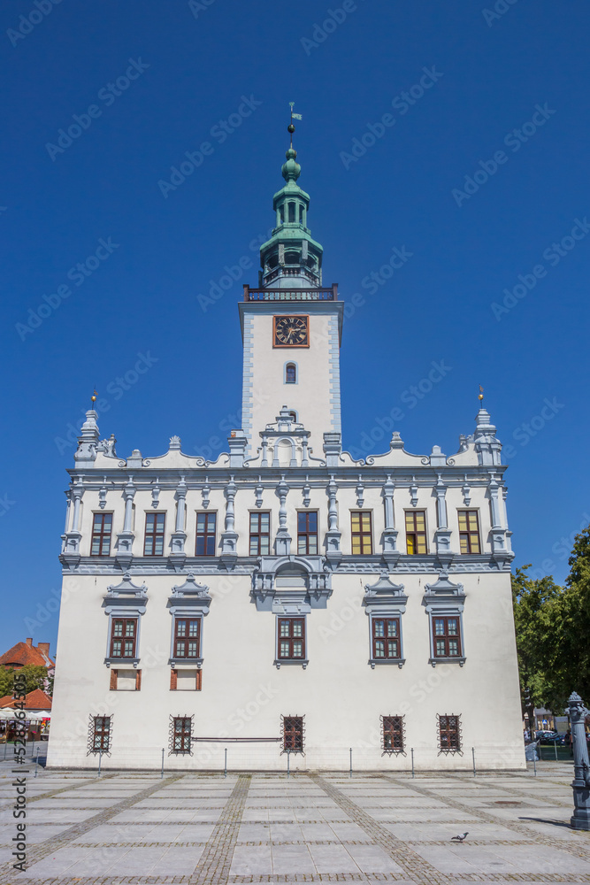 Historic white town hall building on the maket square of Chelmno, Poland