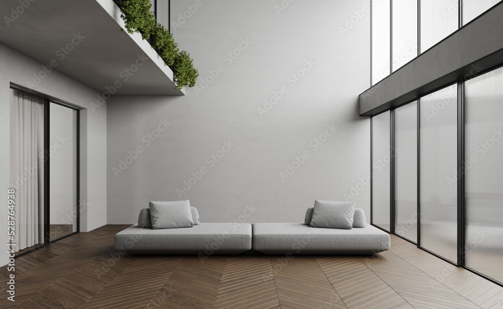 Modern grey open space living room or hotel, grey sofa, wooden parquet