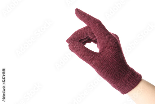 Woman in woolen glove on white background, closeup. Winter clothes
