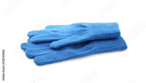 Blue woolen gloves on white background. Winter clothes