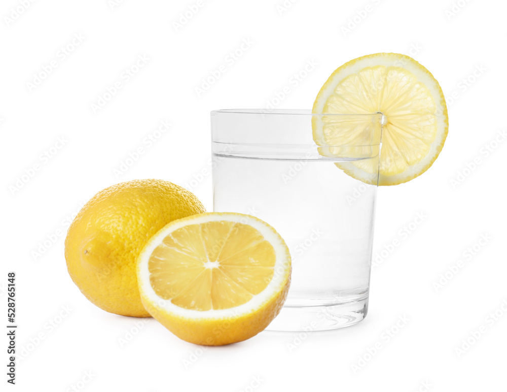 Glass with water and sliced lemon on white background Glass with water and sliced lemon on white background