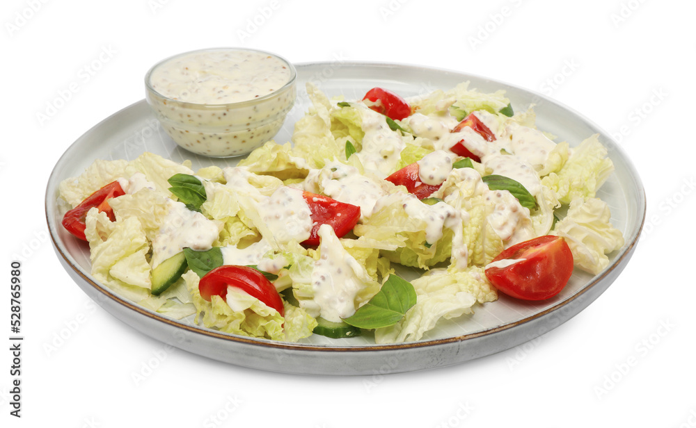 Delicious salad with Chinese cabbage, tomatoes, cucumber and dressing isolated on white Delicious salad with Chinese cabbage, tomatoes, cucumber and dressing isolated on white