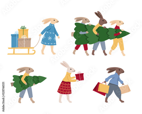 Set Rabbits carrying shopping bags, gifts and tree. Merry Christmas and Happy New Year characters. Bunnies taking part in seasonal sale at store, shop, mall and online