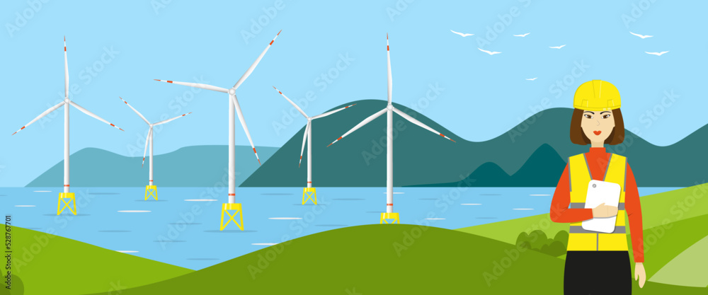 Wind turbines in the sea and an Asian woman engineer. Wind towers in the ocean and a worker. Offshore wind farm concept. Horizontal banner or poster. Flat vector illustration