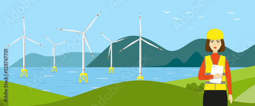 Wind turbines in the sea and an Asian woman engineer. Wind towers in the ocean and a worker. Offshore wind farm concept. Horizontal banner or poster. Flat vector illustration