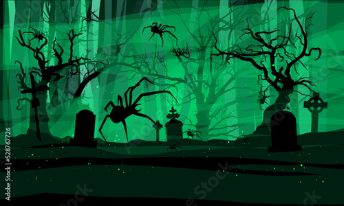 Halloween vector illustration. Creepy cemetery, huge spiders, crooked tree branches, graves and thick green web and fog. Spooky forest with old graves