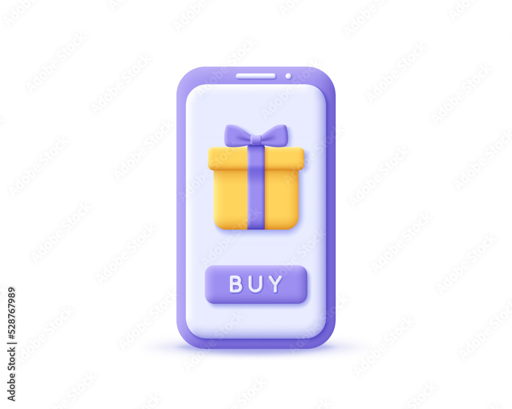 3d icon gift box on smartphone. Render mobile for online digital purchase, e-commerce promotion store, buying favorite and gift goods, market concept. 3d realistic vector illustration cellphone 3d icon gift box on smartphone. Render mobile for online digital purchase, e-commerce promotion store, buying favorite and gift goods, market concept. 3d realistic vector illustration cellphone