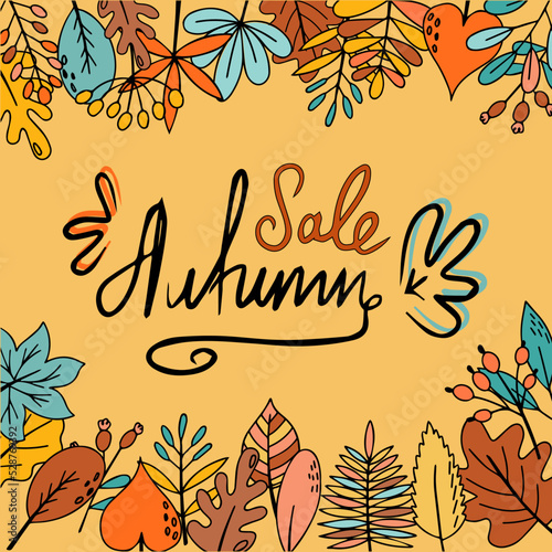 Autumn sale template with colorful leaves. For posters, labels, postcards or banner. Vector illustration in doodle style