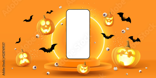 Happy Halloween holiday banner. Purple festive banner with 3d spooky pumpkins, candy eyes and paper bats. Vector illustration. Happy Halloween background.