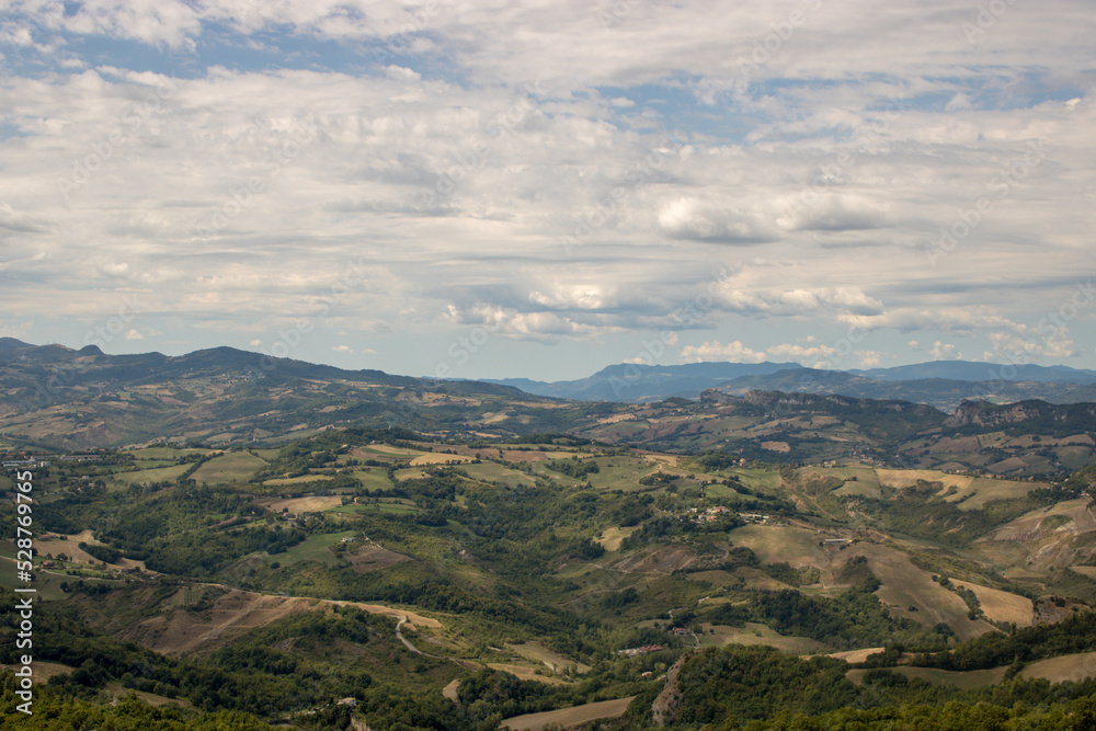 Panorama of a hilly landscape.