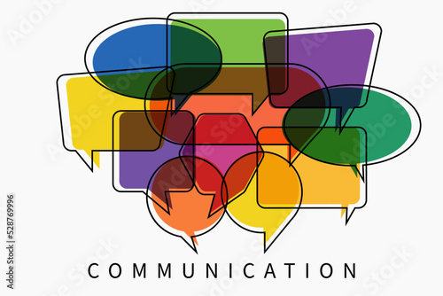 Word communication with colorful multicolored dialog speech bubbles. Vector illustration of communication concept on white isolated background. Flat style. Speak english.