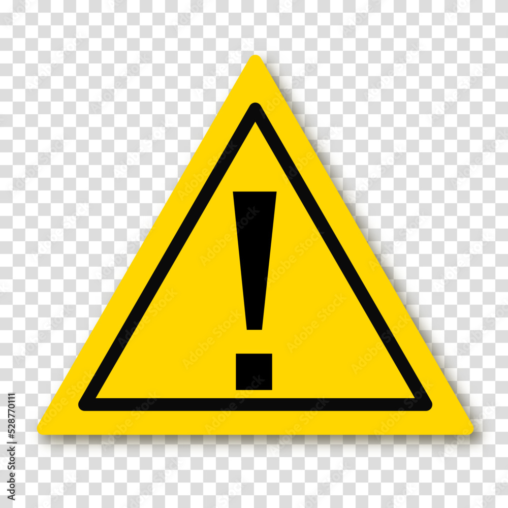 Exclamation point or mark in yellow triangle with shadow. Symbol of caution. Danger warning sign. Vector illustration on a transparent background. Exclamation point or mark in yellow triangle with shadow. Symbol of caution. Danger warning sign. Vector illustration on a transparent background.
