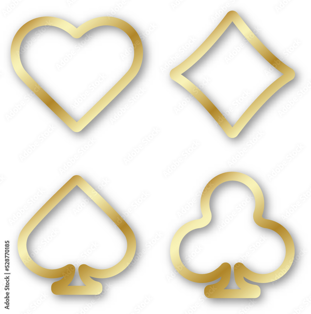 Gold icons symbols of playing suits. Hearts, spades, diamonds and clubs on a white background. Vector illustration. For playing poker or for a casino. Gold icons symbols of playing suits. Hearts, spades, diamonds and clubs on a white background. Vector illustration. For playing poker or for a casino.