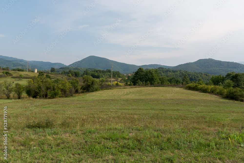 Landscape with meadows and trees on a summer day in Malo Bonjince country, Serbia. Natural background concep Landscape with meadows and trees on a summer day in Malo Bonjince country, Serbia. Natural background concep