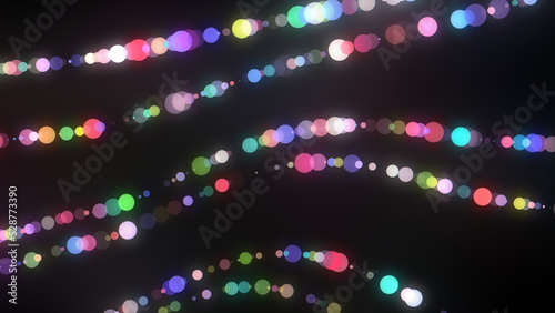 Dots wave. Abstract background. Neon light. Particle effects. Isolated on black backdrop. Big data concept. Colorful dotted lines
