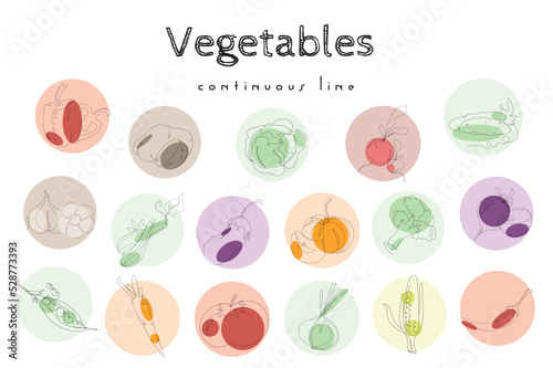 Set  of hand drawn vegetables in continuous line style. Potatoes, zucchini, carrots and many other vegetables set. Vegetables minimalist black linear sketch isolated on white background.