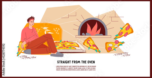 Pizza takeaway service and pizzeria restaurant delivery. Flyer or leaflet mockup with woman eating delivered pizza from takeaway or takeout service, flat cartoon vector illustration.