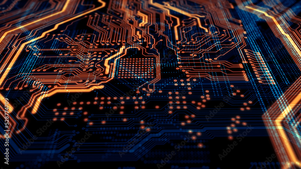 Printed circuit board futuristic server/Technology background of the abstract computer motherboard, can be used in the description of technological processes, science, education.  - obrazy, fototapety, plakaty 