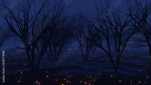 abstract mystical forest in the dark with fog and  glowing objects, 3d render