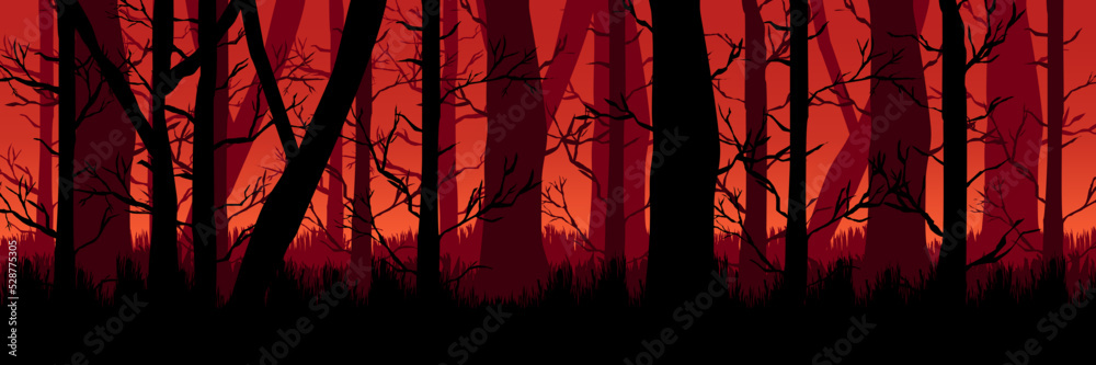 silhouette of dead tree forest at sunset landscape vector illustration good for wallpaper, background, backdrop, banner, web, game art, travel, adventure and design template