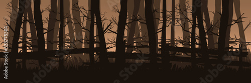 silhouette of dead tree forest at sunset landscape vector illustration good for wallpaper, background, backdrop, banner, web, game art, travel, adventure and design template