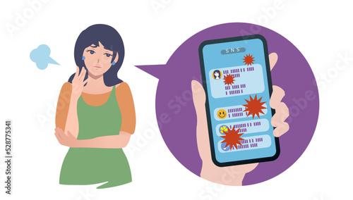 SNSに疲れた女性　人物　スマートフォン　現代社会　社会問題　ストレス