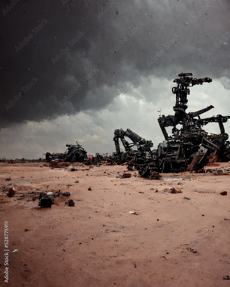 Destroyed Military Robot in Post Apocalyptic Wasteland Landscape Art Illustration. Dystopia