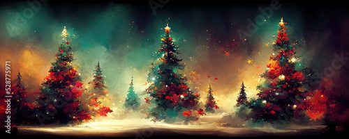 Colorful decorated christmas trees in winter landscape