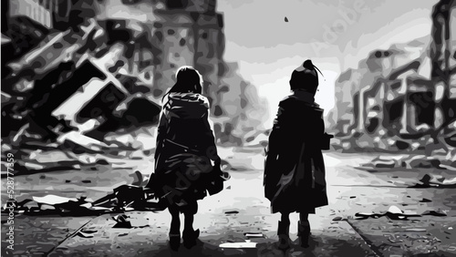 homeless little girls walking in destroyed city, war