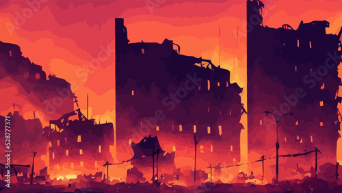 night town under bombing, war, destroyed buildings