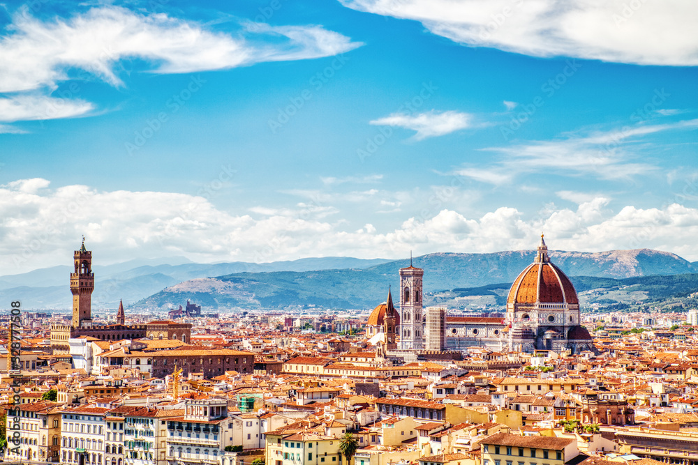 Florence Aerial View of Palazzo Vecchio and Cathedral of Santa Maria del Fiore with Duomo during Beautiful Sunny Day