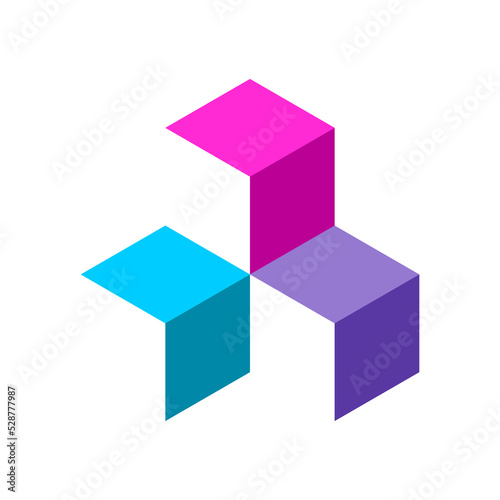 Colorful cubic logo template with three elements. 3d box template. Isometric projection. Square block parts make a whole. Visual effect. Electronics industry. App icon. Vector illustration, clip art. 