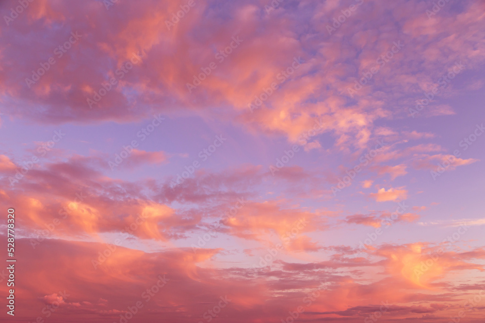 Dramatic soft sunrise, sunset pink violet orange sky with clouds background texture