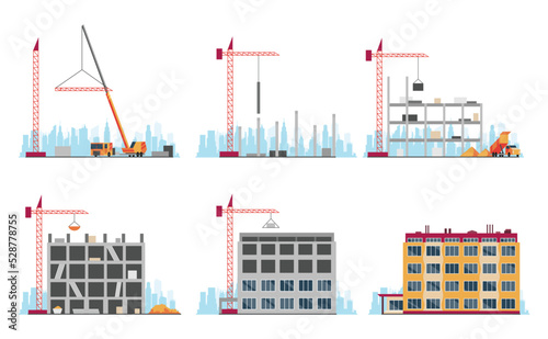 Construction site stages. Multi story house construction. Building process. Build techniques and machines. Housing development