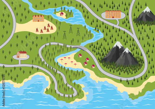 Suburban map with houses, trees, road, river and mountain. Village with water, aerial view. GPS, city navigation with roads and buildings. Vector illustration in flat style