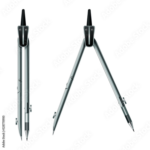 Geometric compass set of opened and closed. Technical instrument for divider drawing circles or arcs and engineering object. Stationery and tools for school or architecture, flat icons
