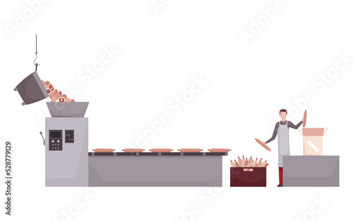Meat factory processing plant. Flat composition with factory kitchen equipment. Food industry concept elements. Industrial equipment to produce food for sale