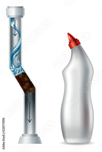 Clogged pipe drain and cleanser bottle. Blank container with sanitary chemical liquid. Canalization tube with water splash. Plumbing clog repair